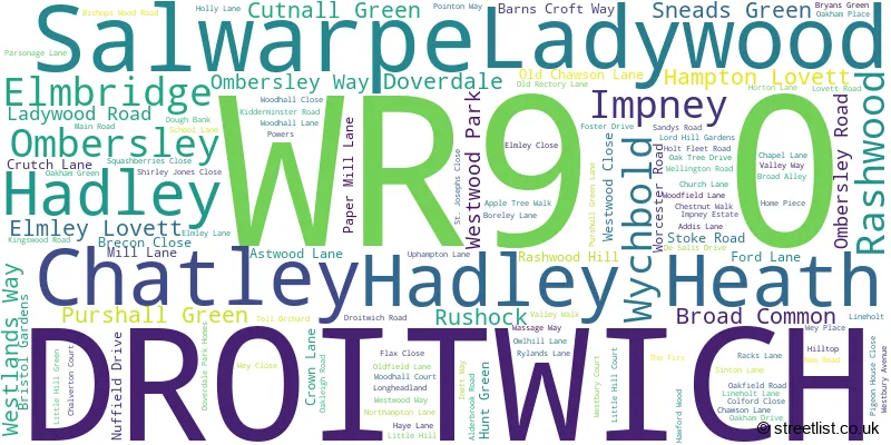 A word cloud for the WR9 0 postcode